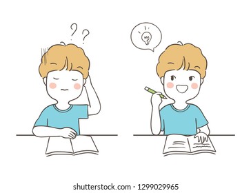 Draw vector illustration character design a boy bored and has a good thinking to do homework.Isolated on white.Doodle cartoon style.