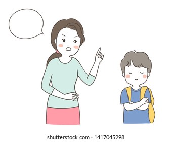 Draw vector illustration character design mother scolding a boy.Family concept.Doodle cartoon style.