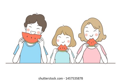 Draw vector illustration character design happy girl and mother and father eat watermelon together.Family concept.Doodle cartoon style.
