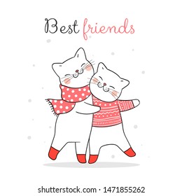 Draw vector illustration character design happy cat hug in snow for Christmas with word best friends.Doodle cartoon style.