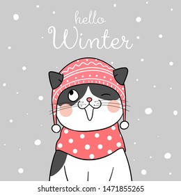 Draw vector illustration character design happy cat with beauty scarf for Christmas day and New year.Doodle cartoon style.