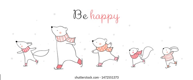 Draw vector illustration character design happy animal on ice skates.Winter concept.Doodle cartoon style.