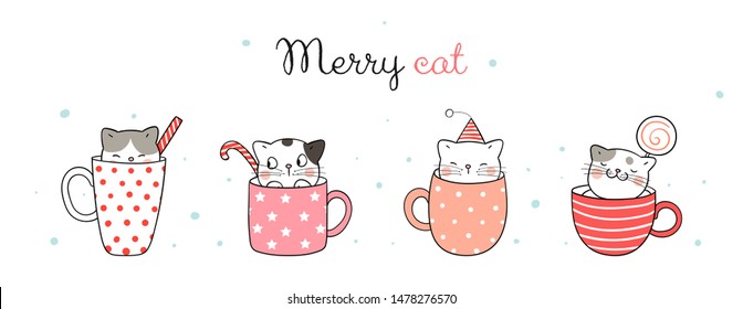 Draw vector illustration character design banner cute in cup of coffee and tea for Christmas day.Doodle cartoon style.