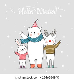 Draw vector illustration character design animal bear deer and rabbit hug with love in snow so happy for Christmas and new year.Doodle cartoon style.