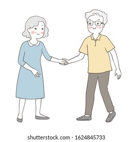 Draw vector illustration character design elderly senior grandfather helping grandmother to walk Health concept.Doodle cartoon style.