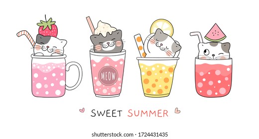 Draw vector illustration character design cute cat in smoothie and juice for summer holiday and party on the beach.Doodle cartoon style.
