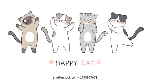 Draw vector illustration character design collection cute cat.Doodle cartoon style.