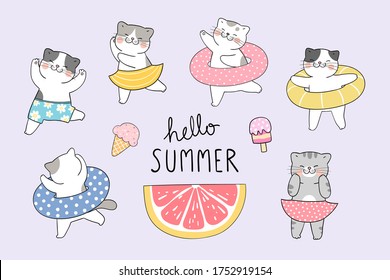 Draw vector illustration character design collection funny cat on the beach.Summer concept.Doodle cartoon style.