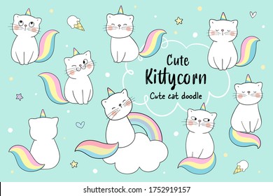 Draw vector illustration character design collection cute cat.Kittycorn concept.Doodle cartoon style.