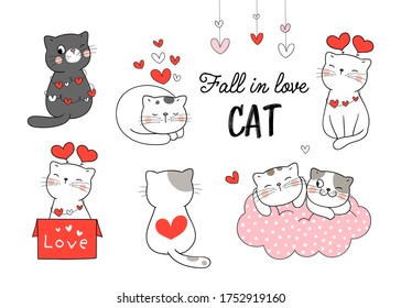 Draw vector illustration character design collection cat fall in love for Valentine day concept.Doodle cartoon style.