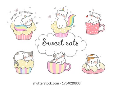 Draw vector illustration character design collection sweet cat on white color.Doodle cartoon style.