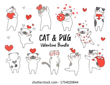 Draw vector illustration character design collection cat and pug dog fall in love.Valentine day concept.Doodle cartoon style.