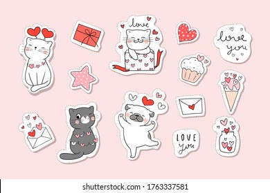 Draw vector illustration character design collection stickers cat in valentine concept.Doodle cartoon style.