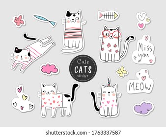 Draw vector illustration character design collection stickers cat.Doodle cartoon style.