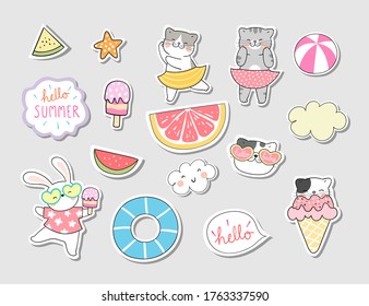 Draw vector illustration character design collection stickers cat in summer concept.Doodle cartoon style.