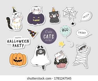 Draw vector illustration character design collection stickers funny cat for Halloween day.Doodle cartoon style.