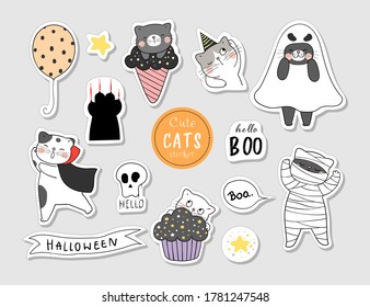 Draw vector illustration character design collection stickers cat for Halloween day.Doodle cartoon style.