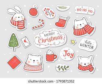 Draw vector illustration character design collection stickers cute animal and element for Christmas and New year.Doodle cartoon style.