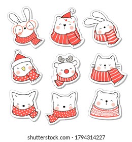 Draw vector illustration character design collection stickers cute animal for Christmas and New year.Doodle cartoon style.