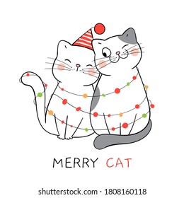 Draw vector illustration character design couple love of cat for New year and Christmas.