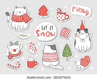 Draw vector illustration character design collection stickers cute cat and element for Christmas and New year.Doodle cartoon style.