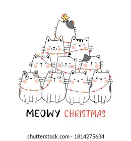 Draw vector illustration character design cute cat Christmas tree For new year and Merry Christmas.Doodle style.