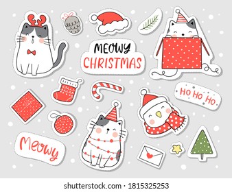 Draw vector illustration character design collection stickers happy cat and element for Christmas and New year.Doodle cartoon style.