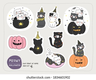 Draw vector illustration character design collection stickers happy cat for Halloween.Doodle cartoon style.