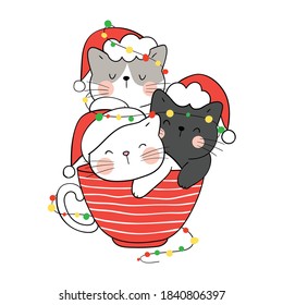 Draw vector illustration character design funny cat with Christmas light in red cup.For new year and winter Doodle style.