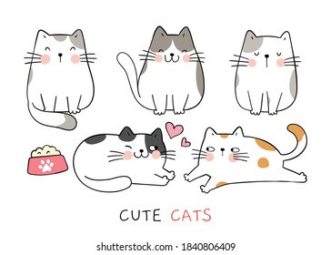 Draw vector illustration character design collection funny cats.Doodle cartoon style.