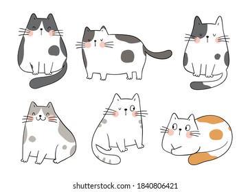 Draw vector illustration character design collection adorable cats.Doodle cartoon style.