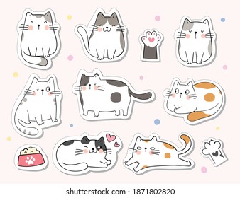 Draw vector illustration character design collection stickers cute cat.For printable doodle cartoon style.