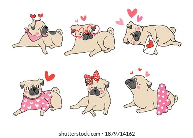 Draw vector illustration character design cute pug dog.Puppy for Valentine day.Cartoon style.