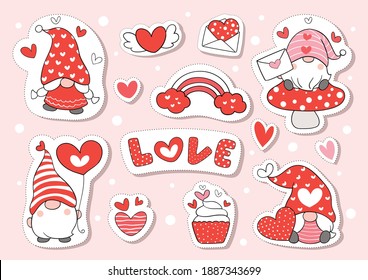 Draw vector illustration character design collection stickers love gnome for valentine.Doodle cartoon style.
