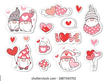 Draw vector illustration character design collection stickers sweet gnome for valentine.Doodle cartoon style.