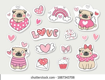 Zeichnen Sie Vektorgrafik-Design-Sammlung Aufkleber Umarmung Hund für valentine.Doodle Cartoon-Stil.