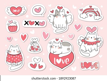 Draw vector illustration character design collection stickers cute cat for valentine.Doodle cartoon style.