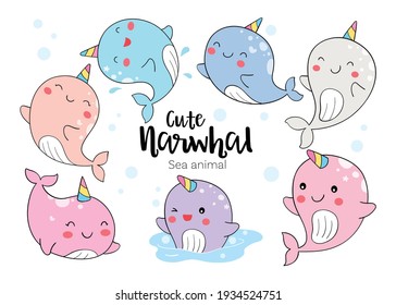 Draw vector illustration character design cute narwhal Sea animal Doodle cartoon style