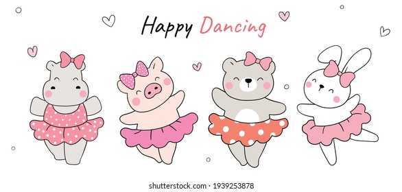 Draw vector illustration character design happy animal dancing Girl funny concept Cartoon style