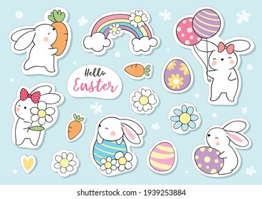 Draw vector illustration character design collection stickers cute bunny for Easter and spring Cartoon style