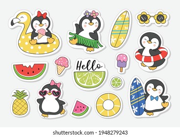 Draw vector illustration character design collection stickers cute penguin for summer Cartoon style