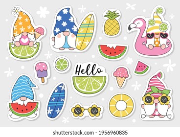 Draw vector illustration character design collection stickers cute gnome for summer Cartoon style