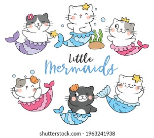 Dibujar ilustración vectorial diseño de la sirena del gato bajo el concepto del mar Estilo de dibujos