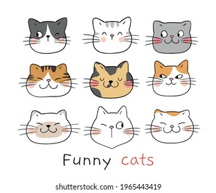 Draw vector illustration character design doodle funny face cat Cartoon style