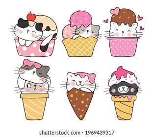 Draw vector illustration character design collection happy cat with sweet ice cream Doodle cartoon style