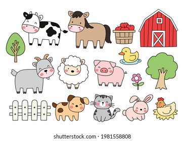 Draw vector illustration character design collection animals farm Doodle cartoon style