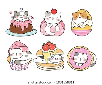 Draw vector illustration character design collection cat dessert with sweet color Doodle cartoon style