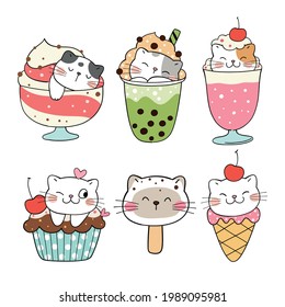 Draw vector illustration character design collection cat dessert Sweet food Doodle cartoon style