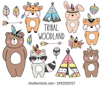 Draw vector illustration character design collection tribal woodland animals Doodle cartoon style