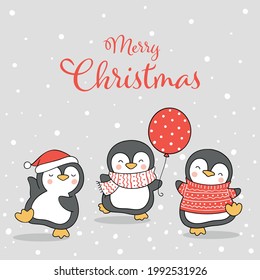 Draw vector illustration character design funny penguin in snow for christmas and winter Doodle cartoon style